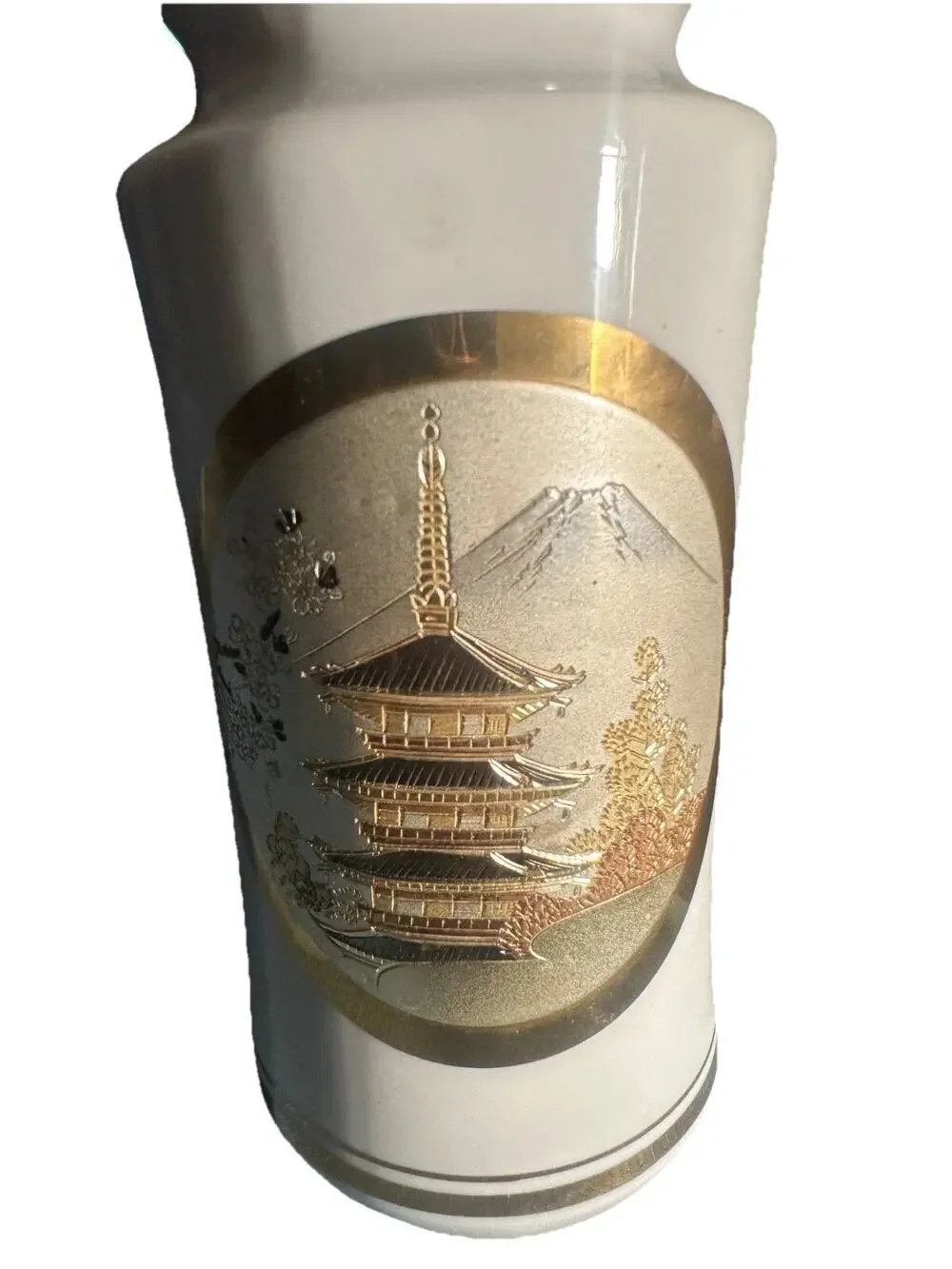 Vintage Japanese Porcelain Cylinder Vase Gold‑Trim Pagoda Scene